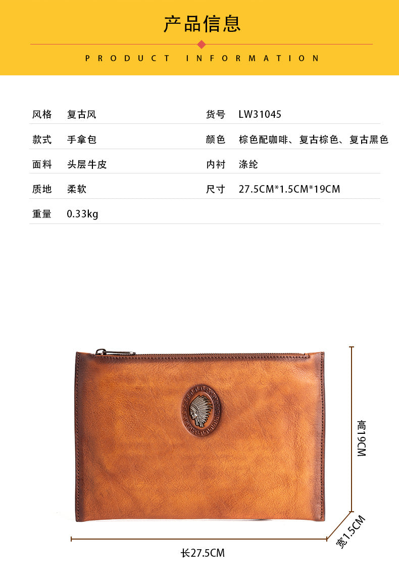 Men's Clutch Bag Genuine Cowhide Leather Casual Men's Handbag 