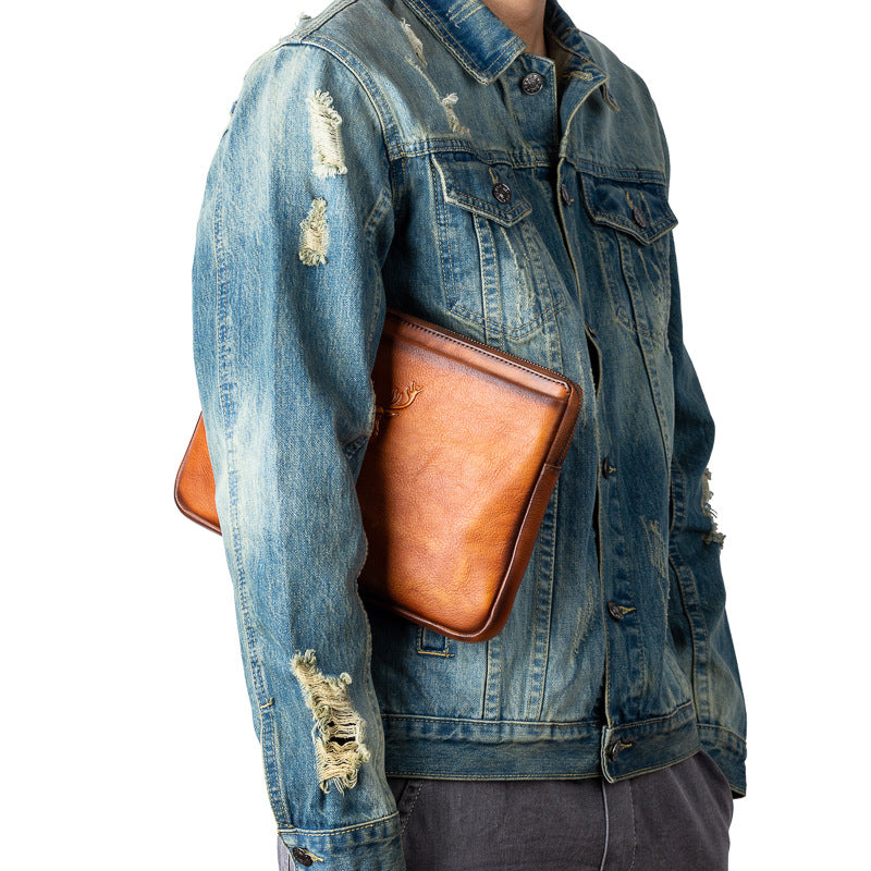 Men's Clutch Bag Genuine Cowhide Leather Retro Casual Men's Bag 