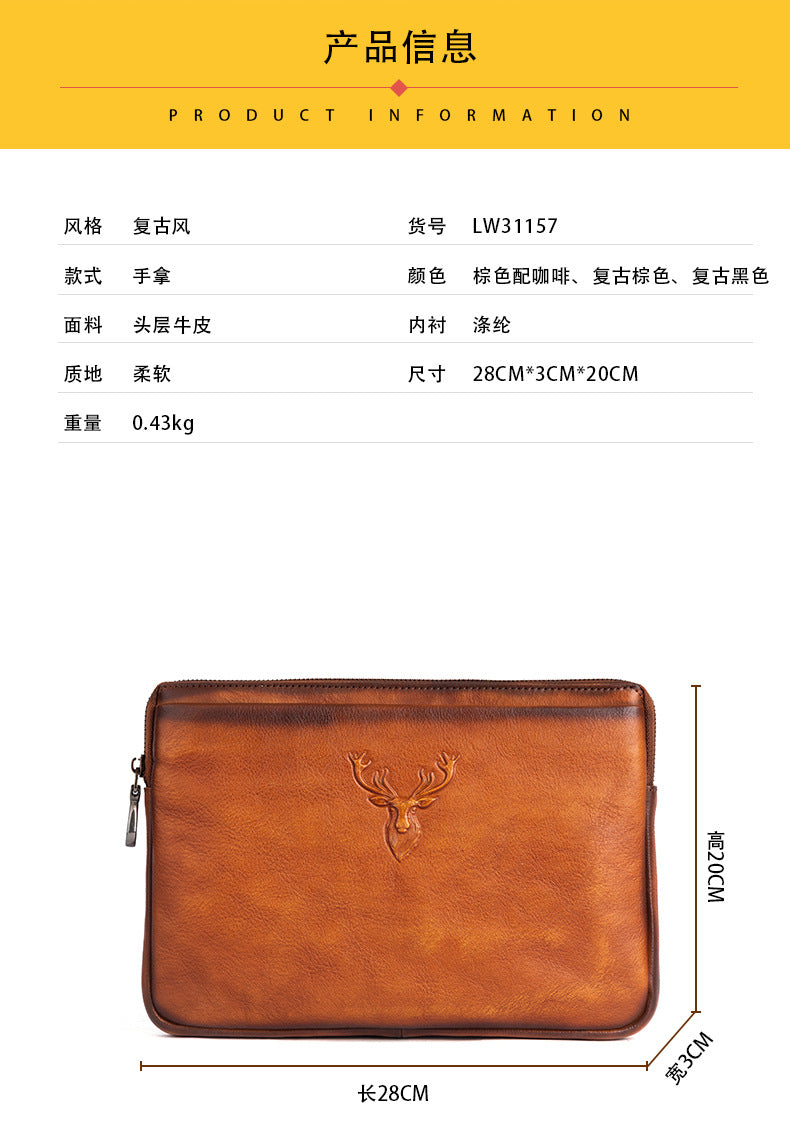 Men's Clutch Bag Genuine Cowhide Leather Retro Casual Men's Bag 