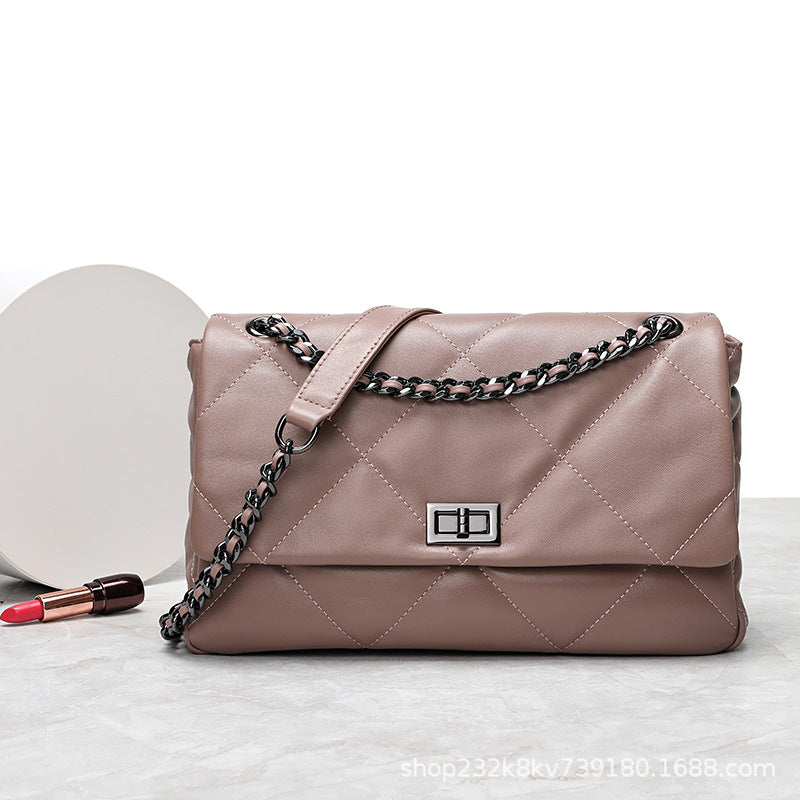 Ladies sheep leather chain bag luxury texture casual crossbody bag genuine leather check elegant shoulder bag.Pochette