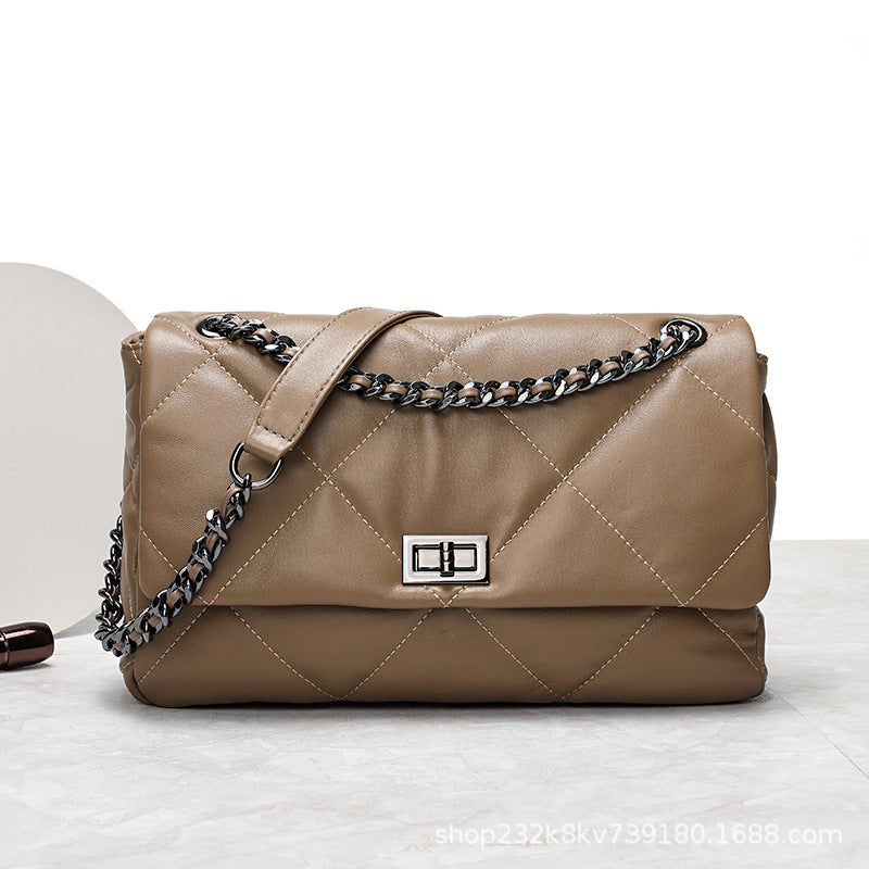 Ladies sheep leather chain bag luxury texture casual crossbody bag genuine leather check elegant shoulder bag.Pochette