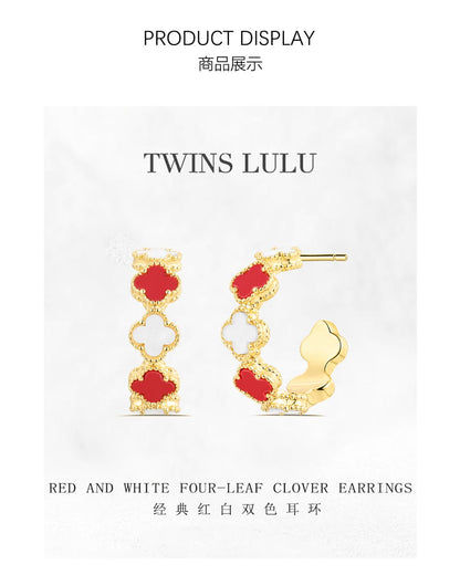 TWINS LULU贅沢感赤と白2色ラッキークローバー イヤリング気質コーデ