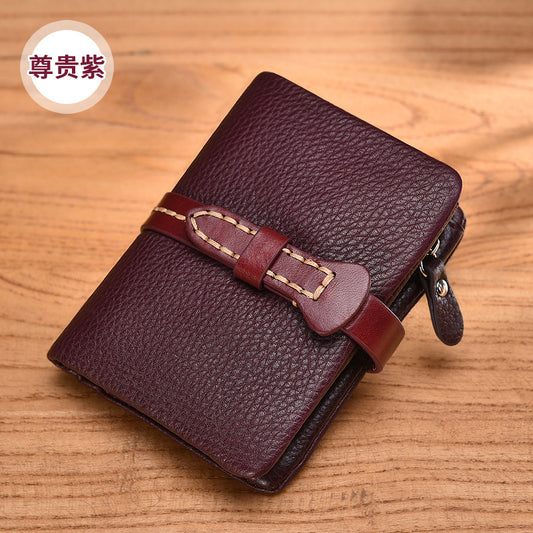 Ladies wallet short genuine leather retro mini unique large capacity head layer cowhide coin purse simple