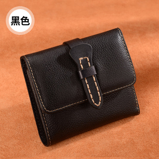 Genuine Leather Women's Wallet Short Cowhide Trifold Buckle Handmade Cowhide Wallet Zipper Coin Purse Wallet