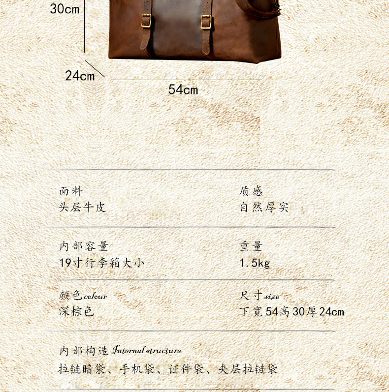 Men's Travel Bag Handbag Handmade Original Retro Large Capacity Genuine Cowhide Leather Luggage Bag Men's Crossbody Shoulder Bag 