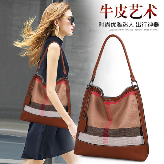 Women's bag Plaid cowhide canvas trend fashion bucket bag tote bag commuting Shoulder bag that goes with anything. Pochette