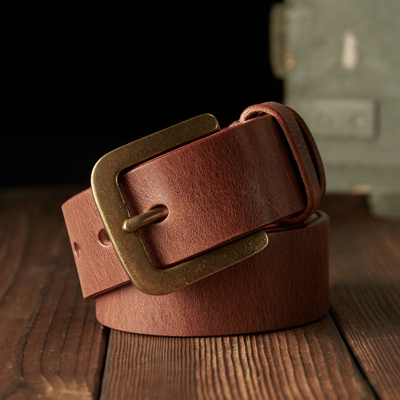 Men's belt handmade original retro cowhide genuine leather needle buckle casual simple copper buckle belt for men 