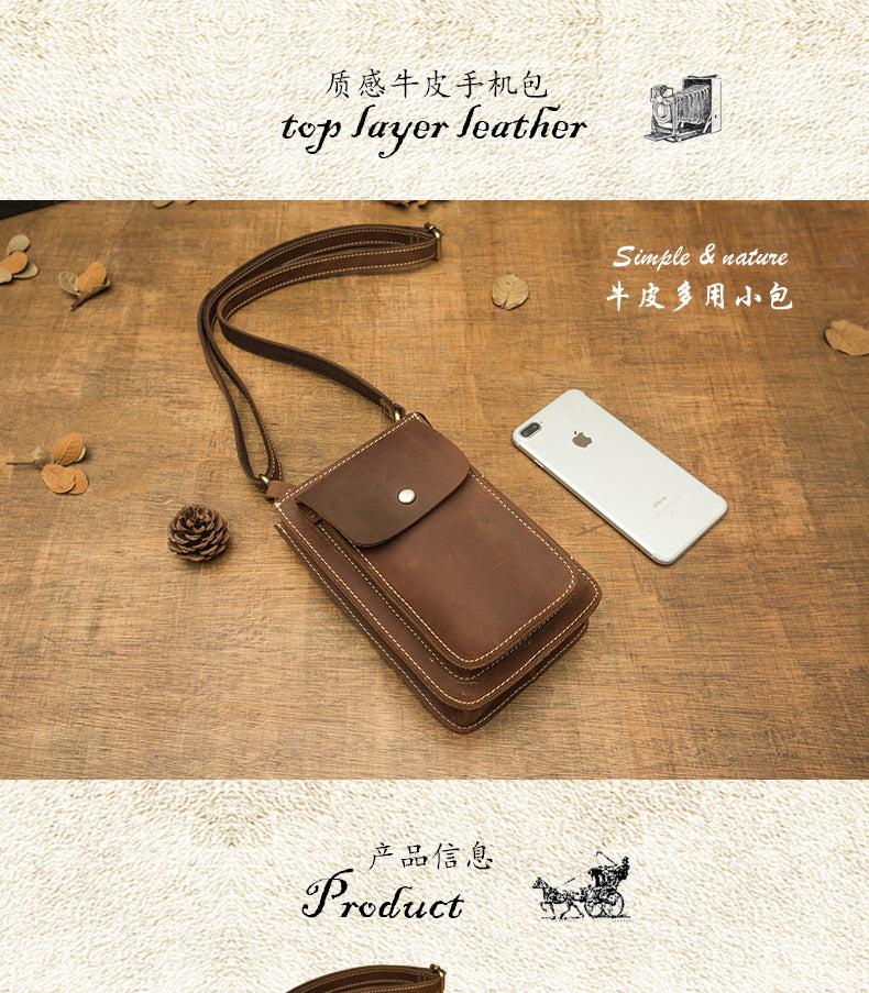 Men's Shoulder Bag Handmade Genuine Cowhide Leather Crazy Horse Men's Crossbody Bag Smartphone Pouch Waist Pouch 