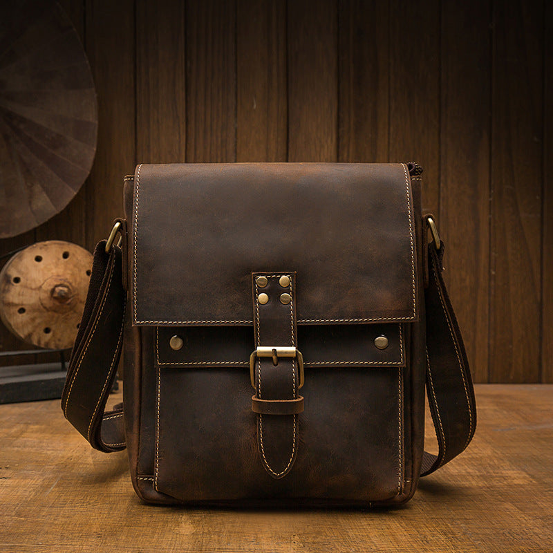 Men's Shoulder Bag Cowhide Genuine Leather Crazy Horse Retro Unique Casual Fashion Crossbody Bag for Men 