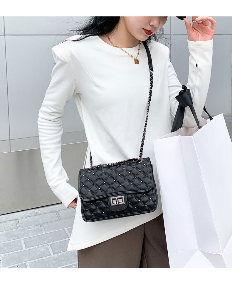 Genuine Leather Women's Bag Plaid Chain Bag Square Bag Simple Elegant Shoulder Bag.Pochette