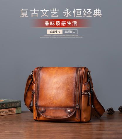 Men's Shoulder Bag Genuine Cowhide Leather Retro Casual Crossbody Bag for Men 