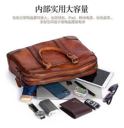 Men's Briefcase Cowhide Genuine Leather Retro Casual Men's Handbag 