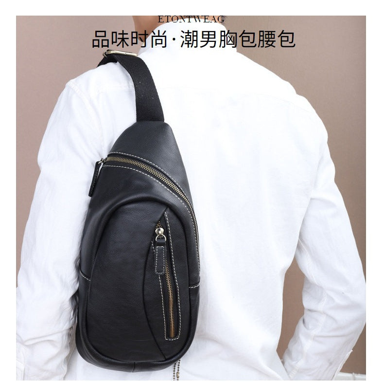 Men's Bust Bag Cowhide Soft Leather Casual Sports Crossbody Bag for Men Smartphone Pouch 