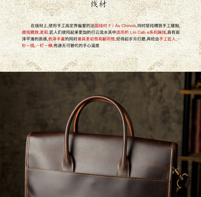 Men's Handbag Handbag Handmade Cowhide Genuine Leather Crazy Horse Crossbody Shoulder Bag Men's OL Business Casual Briefcase Computer Bag 