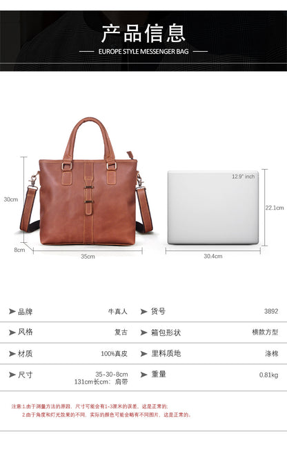 Men's Briefcase Shoulder Bag Retro Business Handbag Cowhide Genuine Leather Men Computer Bag 