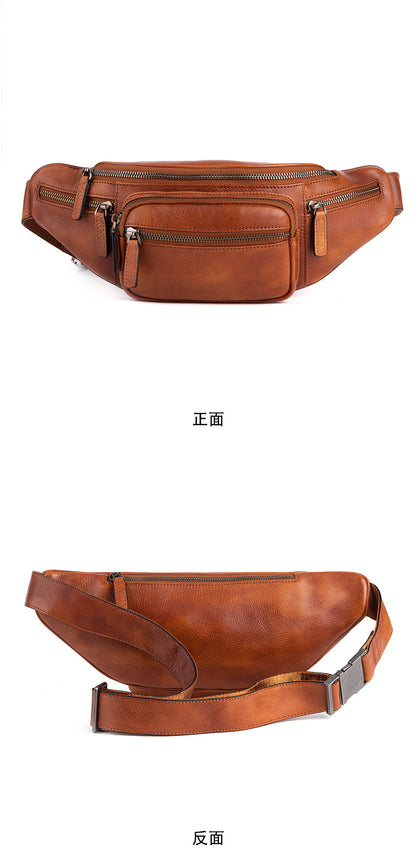 Men's Waist Pouch Genuine Cowhide Leather Retro Casual Bust Bag for Men 