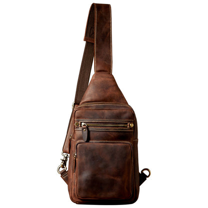 Men's Bust Bag Genuine Cowhide Leather Handmade Vintage Casual Large Capacity Men's Shoulder Bag Crossbody Bag 