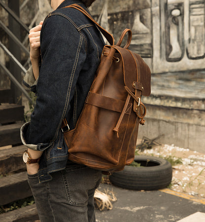 Men's Backpack Genuine Cowhide Leather Handmade Fashion Casual Travel Retro Crazy Horse Men's Bag 