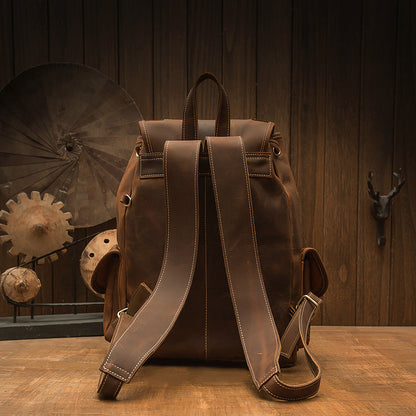 Men's Backpack Cowhide Genuine Leather Handmade Crazy Horse Retro Fashion Outdoor Travel Bag 