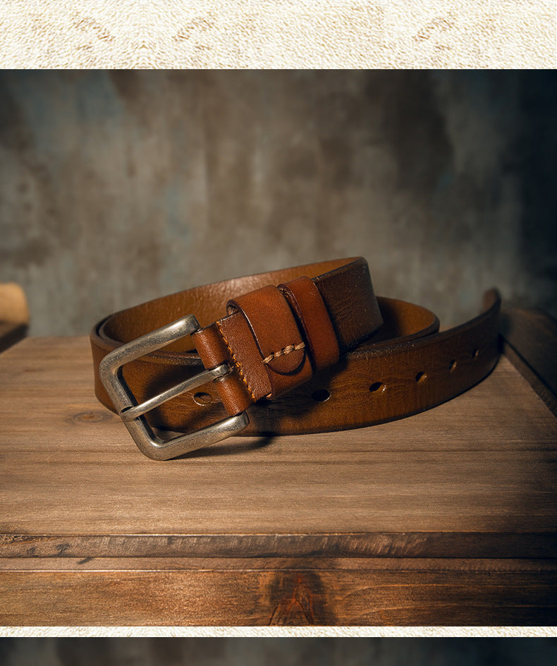 Men's Belt Genuine Cowhide Leather Handmade Needle Buckle Simple Casual Vintage Fashion Men's Belt 