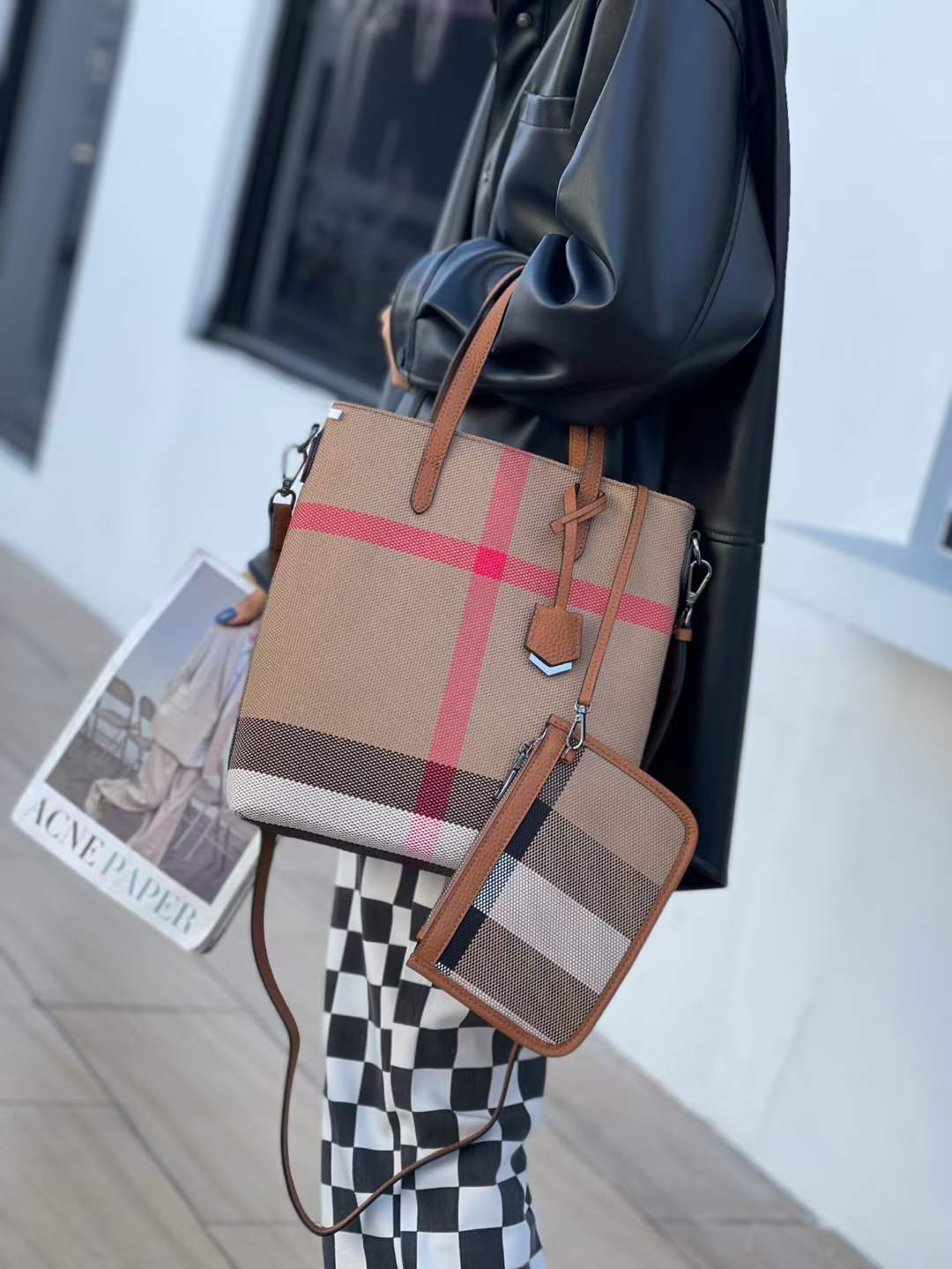 Ladies plaid canvas bag handbag parent-child bag fashionable trend vertical bucket bag shoulder bag high quality