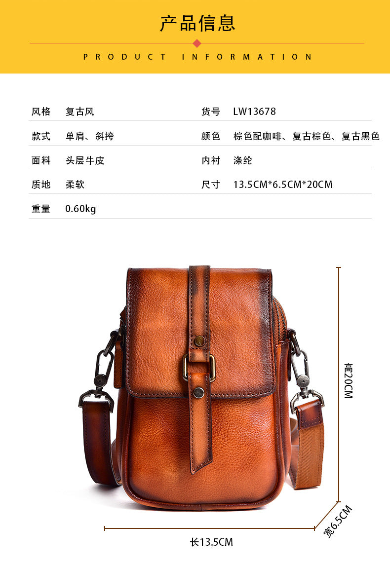 Men's Shoulder Bag Genuine Cowhide Leather Retro Casual Unisex Crossbody Bag 