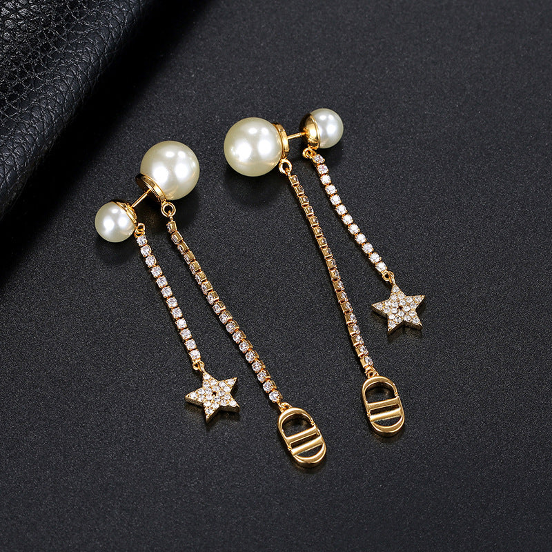 Women Earrings Pearl Fringe Long Cubic Chassis Pendant Earrings