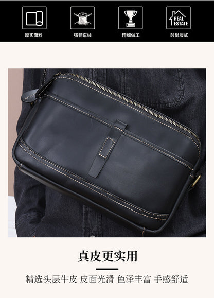 Men's Shoulder Bag Genuine Cowhide Leather Retro Fashion Commuter Crossbody Bag for Men 