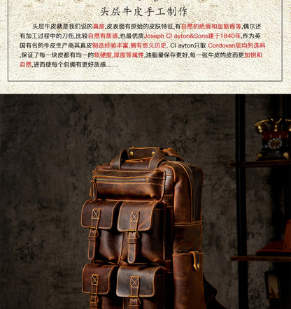 Men's backpack genuine cowhide leather Crazy Horse original large capacity retro outdoor unique travel bag 