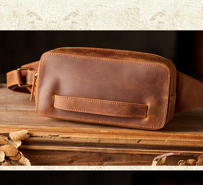 Men's Bust Bag Handmade Original Cowhide Genuine Leather Unique Retro Crossbody Bag Shoulder Bag Men's Mobile Phone Bag 