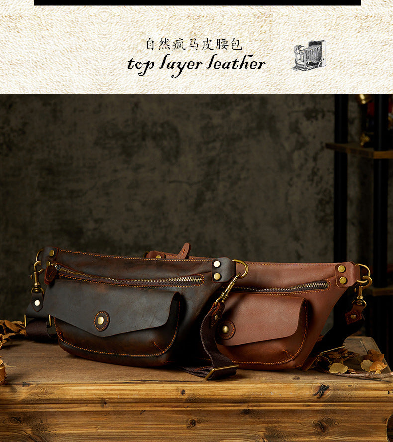 Men's Bust Bag Handmade Cowhide Genuine Leather Unique Waist Pouch Retro Casual Fashion Men's Crossbody Bag Shoulder Bag 