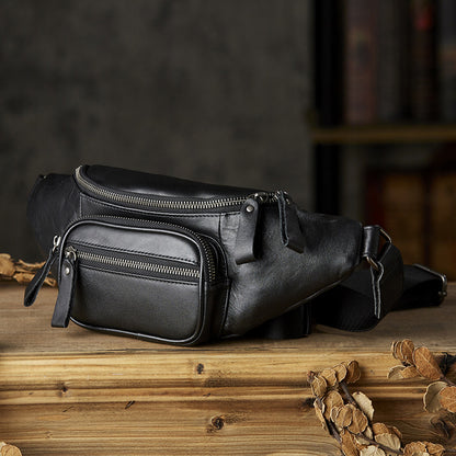 Men's Waist Pouch Handmade Cowhide Genuine Leather Sports Bust Bag Multifunctional Fashion Crossbody Bag for Men 