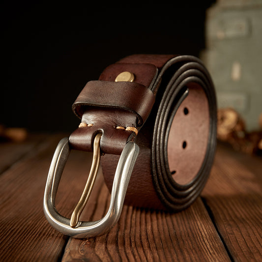 Men's Belt Genuine Cowhide Leather Handmade Needle Buckle Casual Vintage Men's Belt 