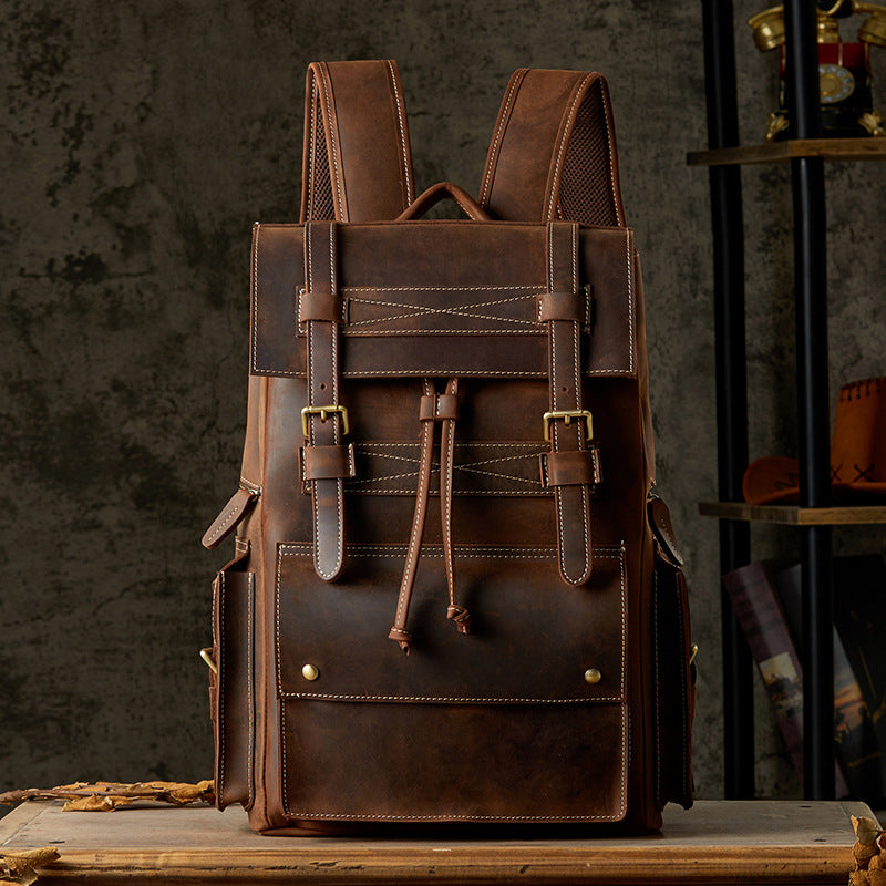 Men's Rucksack Cowhide Large Capacity Handmade Unique Retro Casual Travel Bag for Men 