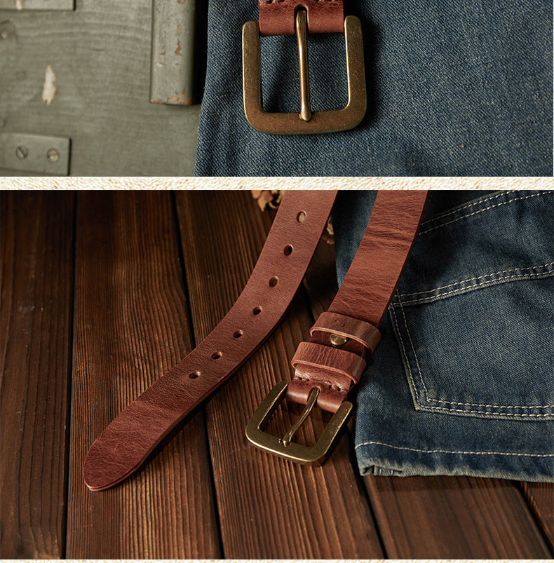 Men's belt handmade original retro cowhide genuine leather needle buckle casual simple copper buckle belt for men 