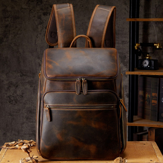 Men's backpack, handmade, genuine cowhide leather, retro outdoor men's travel bag, computer bag 