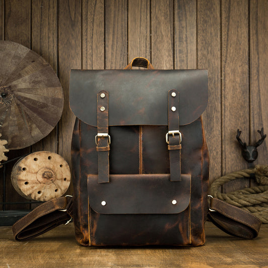 Men's Rucksack Korean Fashion Handmade Cowhide Genuine Leather Crazy Horse Outdoor Travel Bag Casual Computer Bag for Men 