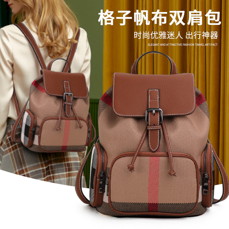 Ladies bag Cowhide luxury double shoulder bag Plaid bag Retro rucksack with leather