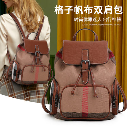 Ladies bag Cowhide luxury double shoulder bag Plaid bag Retro rucksack with leather