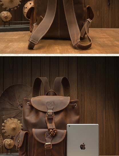 Men's Backpack Cowhide Genuine Leather Handmade Crazy Horse Retro Fashion Outdoor Travel Bag 