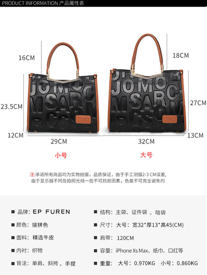 Cowhide women's bag Letter pattern trend Large capacity fashion handbag Shoulder bag that goes with anything Genuine leather handbag.bag