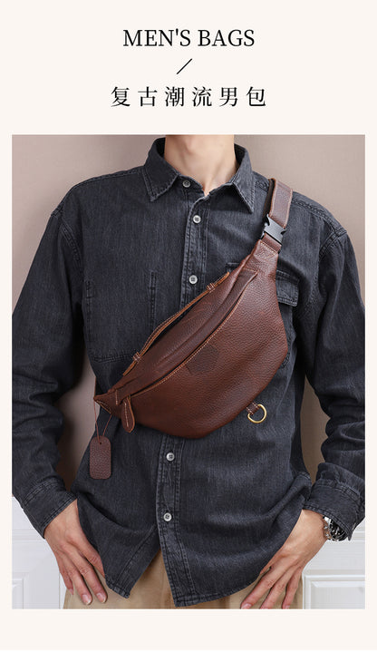 Men's Bust Bag Genuine Cowhide Leather Retro Casual Fashion Waist Pouch Shoulder Bag Crossbody Bag for Men 