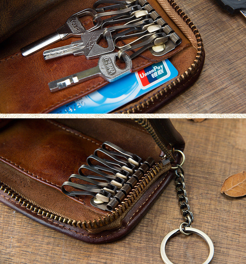 Men's Wallet Handmade Cowhide Genuine Leather Zipper Keychain for Waist Multifunctional Fashion Bag for Men