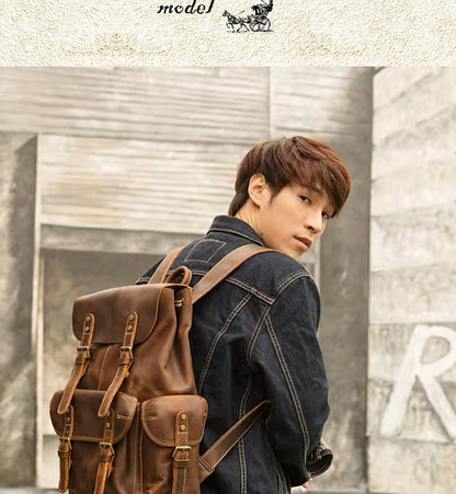 Men's backpack handmade genuine cowhide leather retro unique fashion casual travel bag 