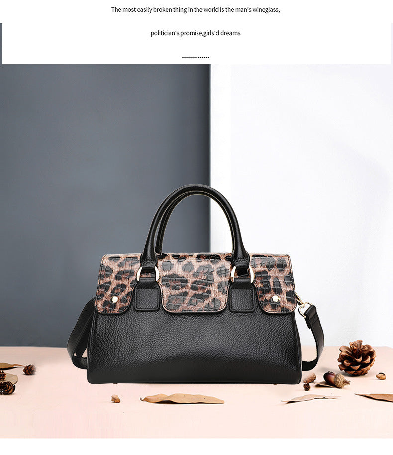 Genuine leather leopard print women's bag Boston bag large capacity handbag cowhide fashion shoulder bag. Pochette