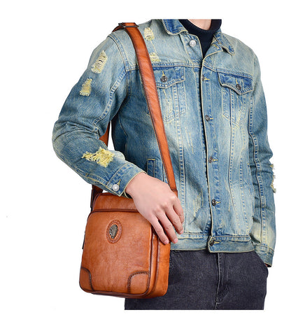 Men's Shoulder Bag Genuine Cowhide Leather Casual Retro Crossbody Bag for Men 