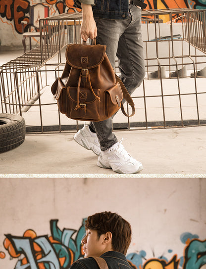 Men's Backpack Cowhide Genuine Leather Handmade Crazy Horse Retro Fashion Outdoor Travel Bag 