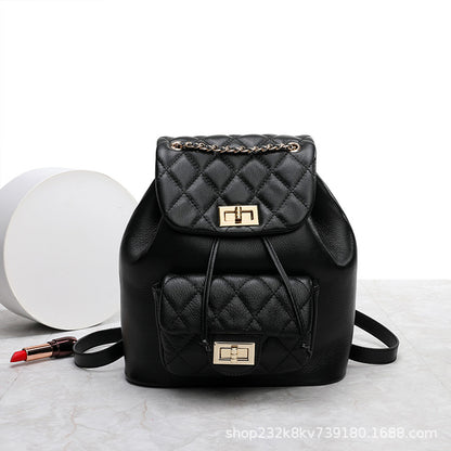 Cowhide Ladies Rucksack Check Chain Bag Women Luxury Casual School Bag