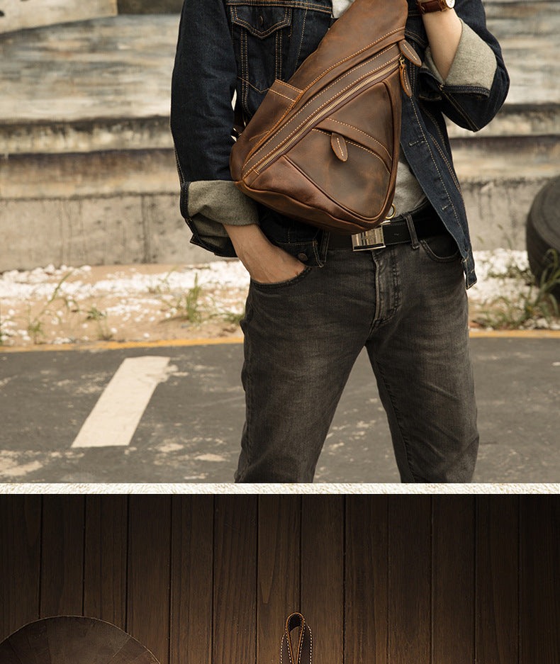 Men's Bust Bag Genuine Cowhide Leather Handmade Fashion Large Capacity Multifunctional Retro Crossbody Bag Casual Two Shoulder Backpack Rucksack 