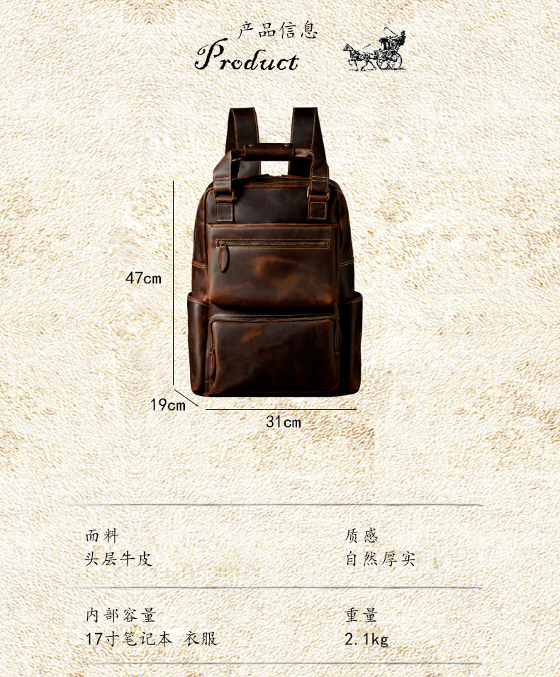 Men's Backpack Handmade Cowhide Genuine Leather Crazy Horse Retro Large Capacity Computer Bag Casual Fashion Business Travel Bag 